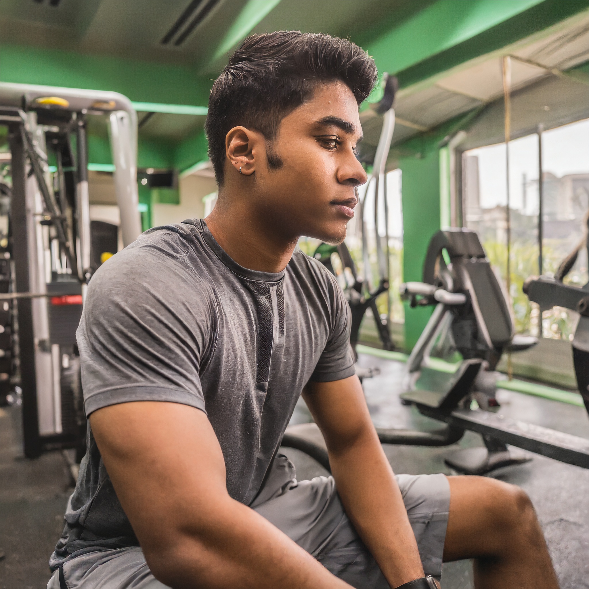 A man sitting down in a bech gym resting