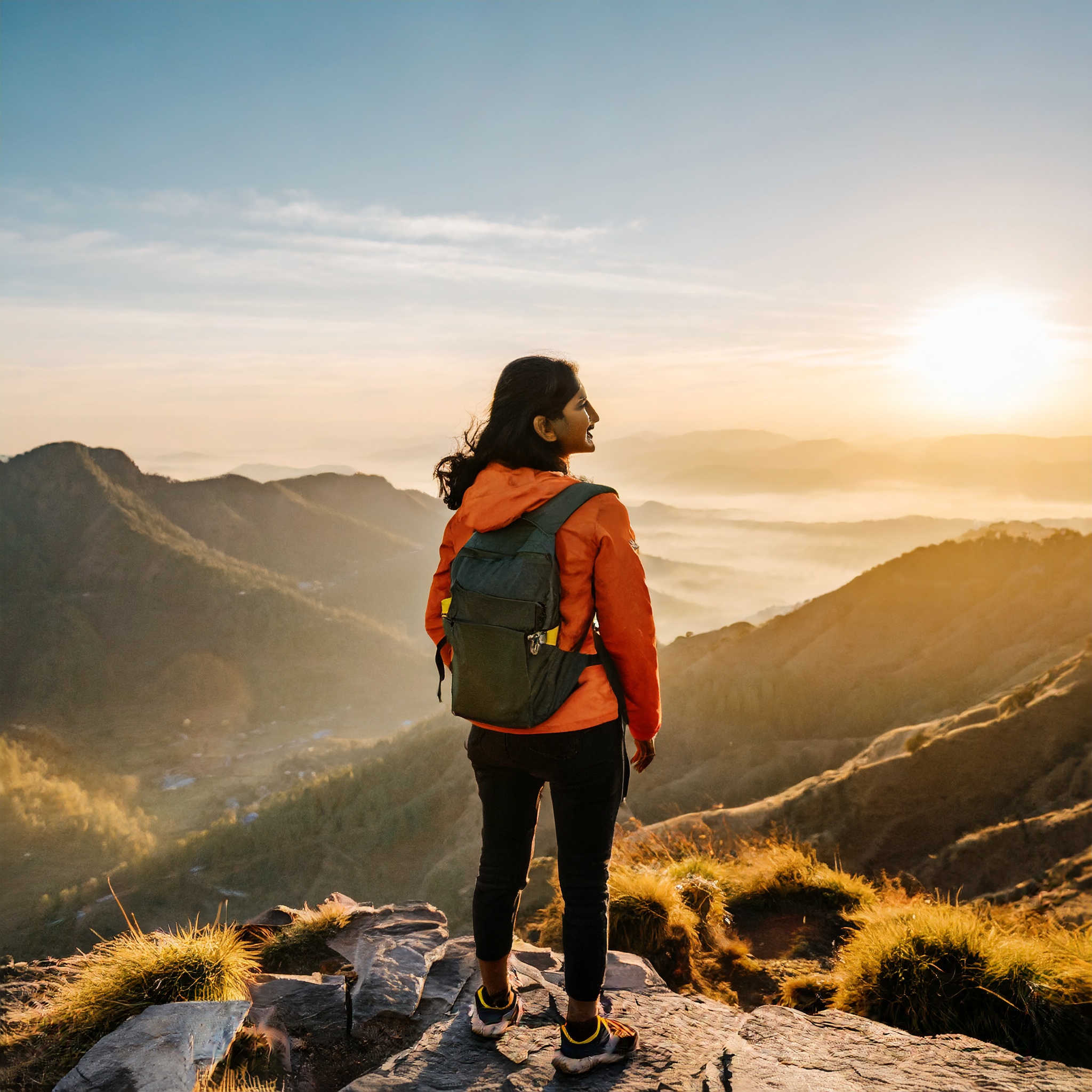 A woman in the top of a montain watching the scenery